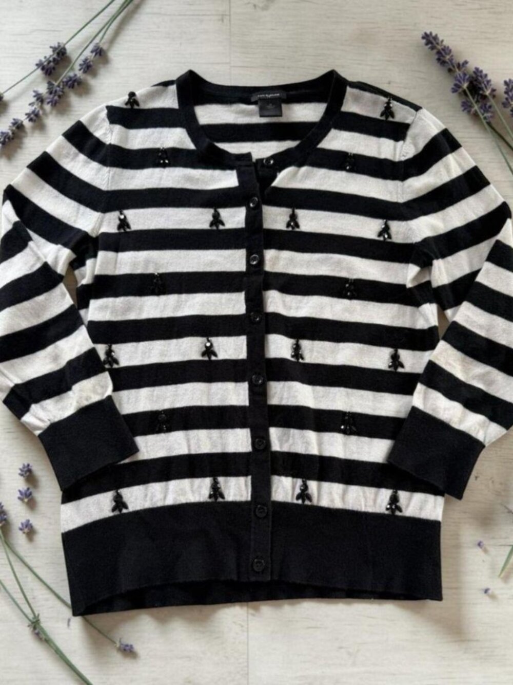 Ann‎ Taylor Beaded Cardigan Womens M Black White Stripe Cotton Office Sweater